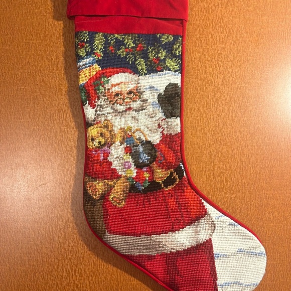 Santa Wool Embroidered Stocking with Red Velvety Fabric - Picture 1 of 6